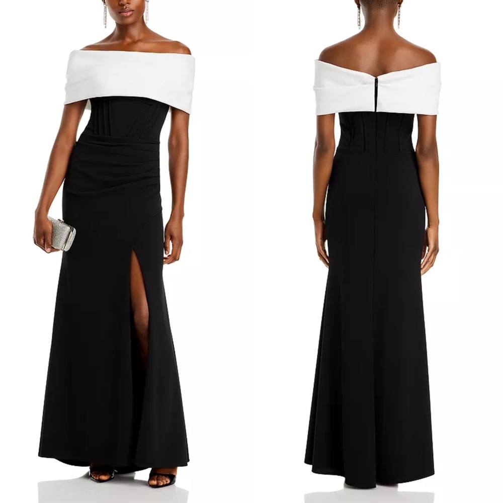 NEW AQUA Black SCUBA CREPE Off The Shoulder CORSET Ruched Neck EVENING GOWN 2